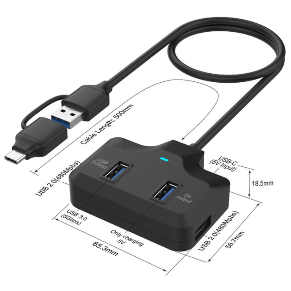 Onten OTN-UCA5310 | 4-in-2 USB-C / USB-A Hub | USB 3.0 × 4 | Dual Input | 5Gbps Transfer | Plug & Play | For MacBook, Surface, Dell XPS, HP Spectre, USB-C & USB-A Laptops/Tablets