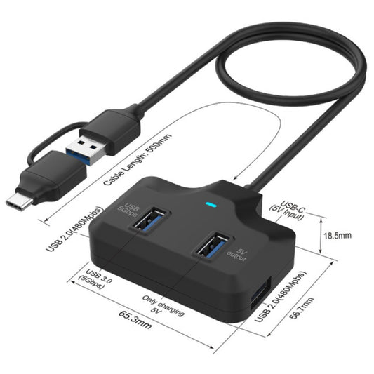 Onten OTN-UCA5310 | 4-in-2 USB-C / USB-A Hub | USB 3.0 × 4 | Dual Input | 5Gbps Transfer | Plug & Play | For MacBook, Surface, Dell XPS, HP Spectre, USB-C & USB-A Laptops/Tablets