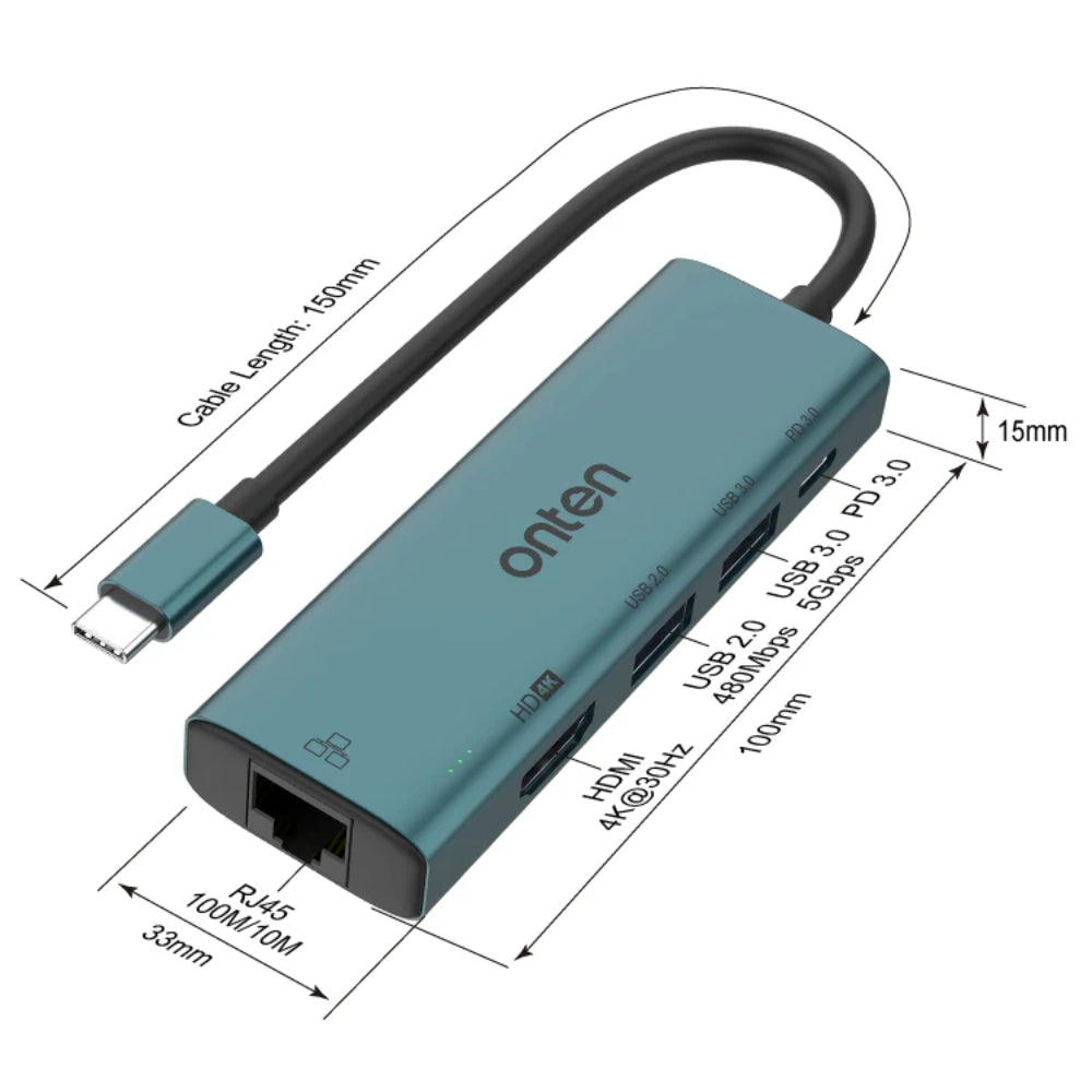 Onten UC125 | 5-in-1 USB-C Hub | HDMI 4K@30Hz + USB 3.0 × 2 + PD 3.0 100W + 100Mbps LAN | Plug & Play | For MacBook, Surface, Dell XPS, HP Spectre, USB-C Laptops/Tablets