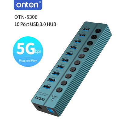 Onten 5308 | USB 3.2 Gen 1 10-Port Hub | Individual Power Buttons | 5Gbps Transfer Speed | LED Indicators | Plug & Play | For Flash Drives, HDDs, Phones, Keyboards, Printers