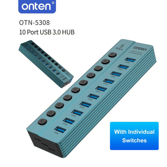 Onten 5308 | USB 3.2 Gen 1 10-Port Hub | Individual Power Buttons | 5Gbps Transfer Speed | LED Indicators | Plug & Play | For Flash Drives, HDDs, Phones, Keyboards, Printers