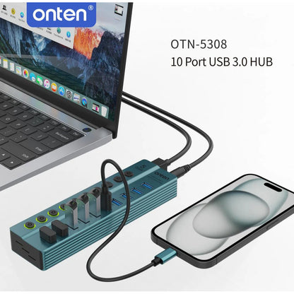 Onten 5308 | USB 3.2 Gen 1 10-Port Hub | Individual Power Buttons | 5Gbps Transfer Speed | LED Indicators | Plug & Play | For Flash Drives, HDDs, Phones, Keyboards, Printers