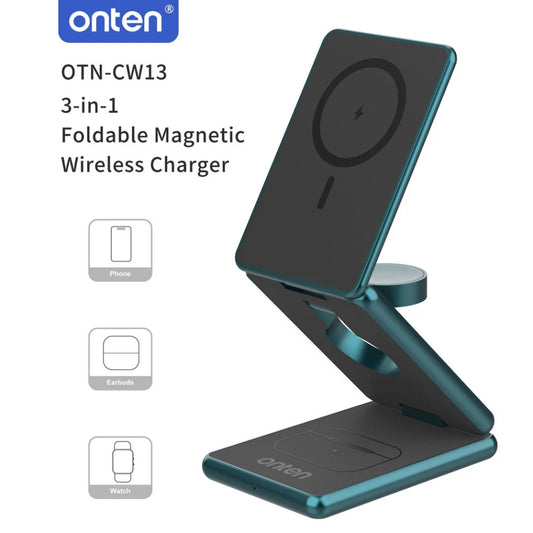 Onten OTN-CW13 | 3-in-1 Foldable Wireless Charging Bracket | 15W Fast Charging | Qi Certified | USB-C Input | For iPhone, Apple Watch, AirPods, Android Phones