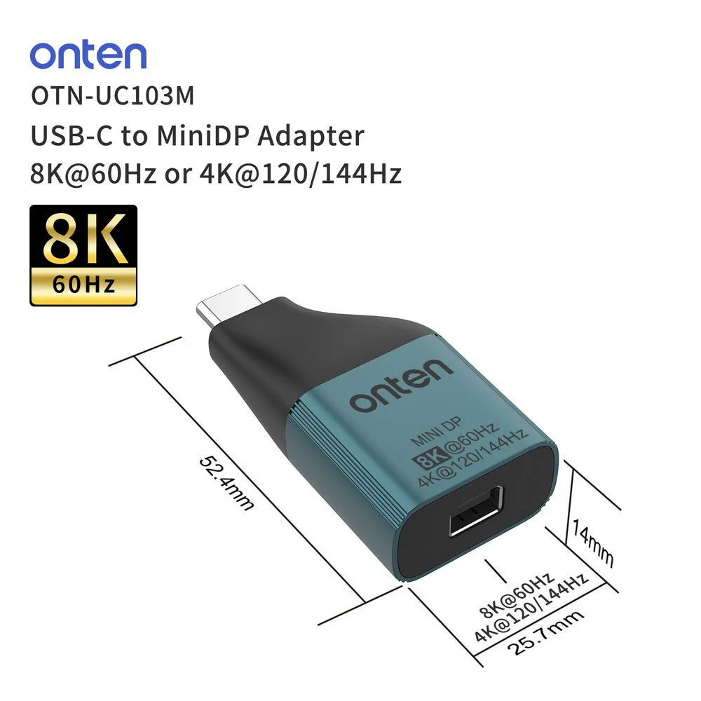 Onten OTN-UC103M | USB-C to Mini DisplayPort Adapter | 8K@60Hz / 4K@120Hz | Gold-Plated Connector | Plug & Play | For MacBook, Surface, Laptops, Tablets, Monitors