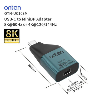 Onten OTN-UC103M | USB-C to Mini DisplayPort Adapter | 8K@60Hz / 4K@120Hz | Gold-Plated Connector | Plug & Play | For MacBook, Surface, Laptops, Tablets, Monitors