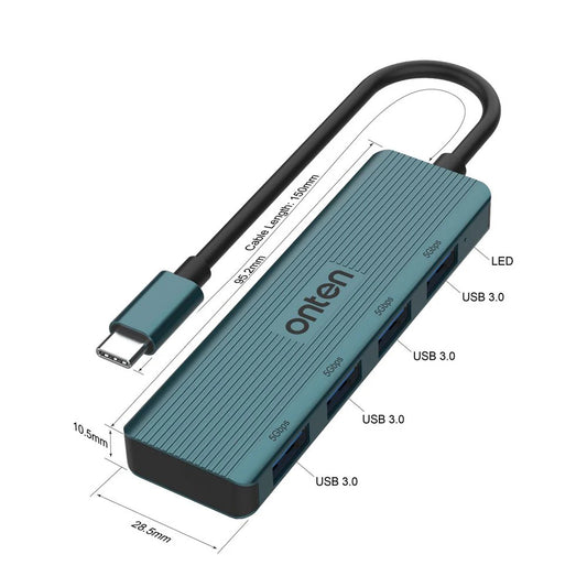 Onten UC621 | USB-C to 4×USB-A Hub | USB 3.2 Gen 1 | 5Gbps Transfer Speed | Compact Design | Plug & Play | For Flash Drives, HDDs, Keyboards, Mice, Printers