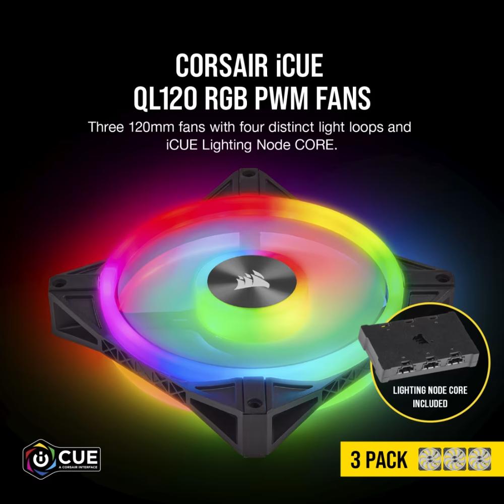 Corsair iCUE QL120 RGB | 120mm PWM Triple Fan Kit (Lighting Node CORE, 102 RGB LEDs)