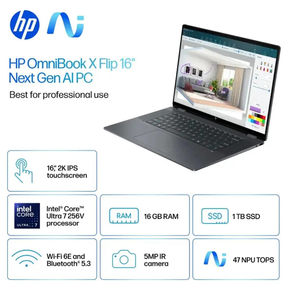 HP OmniBook X Flip 16-as0023dx 2-in-1 Copilot+ PC | Intel Core Ultra 7 256V | 16GB RAM | 1TB SSD | 16" Touch Display | Eclipse Gray (B5UH1UA)