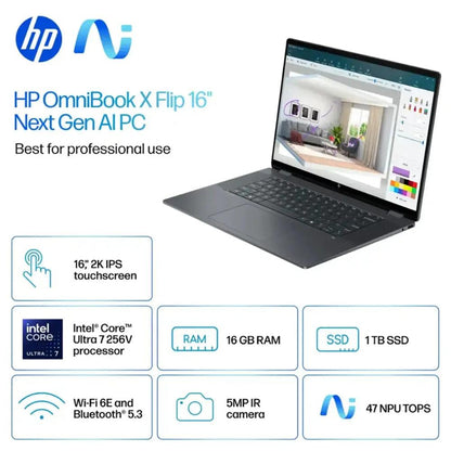 HP OmniBook X Flip 16-as0023dx 2-in-1 Copilot+ PC | Intel Core Ultra 7 256V | 16GB RAM | 1TB SSD | 16" Touch Display | Eclipse Gray (B5UH1UA)