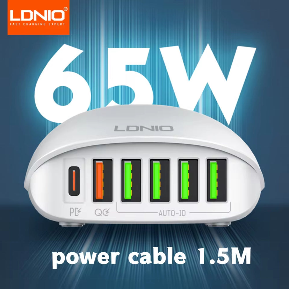 LDNIO A6573C | 65W Multi-Port Desktop Charging Station, 1×PD 65W + 1×QC3.0 + 4×Auto-ID, Fast Charger, Laptop & Tablet Support