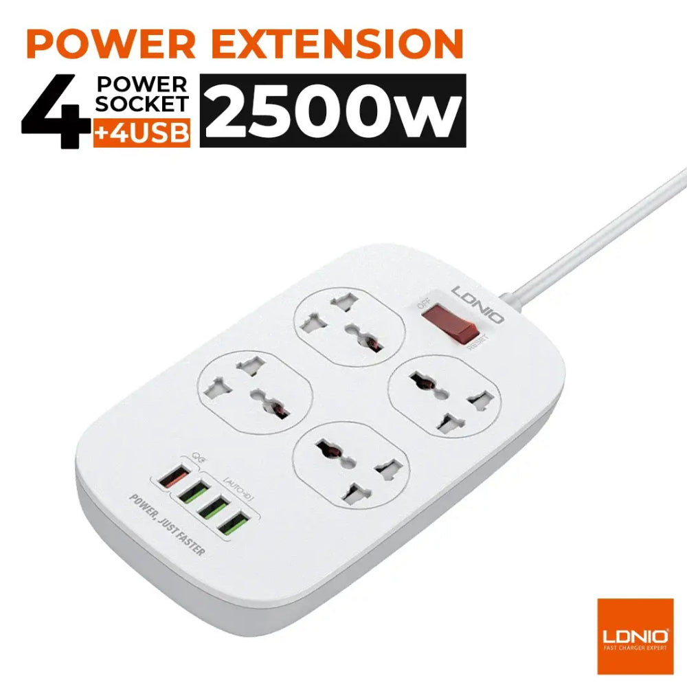 LDNIO SC4407 | 4 AC Outlet Universal Power Strip, 2500W, 4 USB Ports with QC3.0, EU/UK/US Plug, Surge Protection