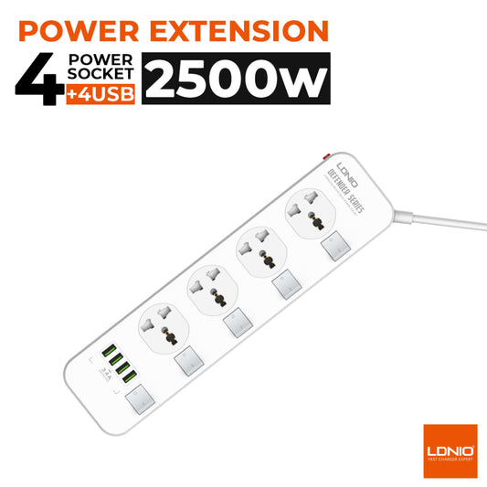 LDNIO SC4408 | 4 AC Outlet Universal Power Strip, 2500W, 4 USB Ports, Overload Protector, EU/UK/US Plug