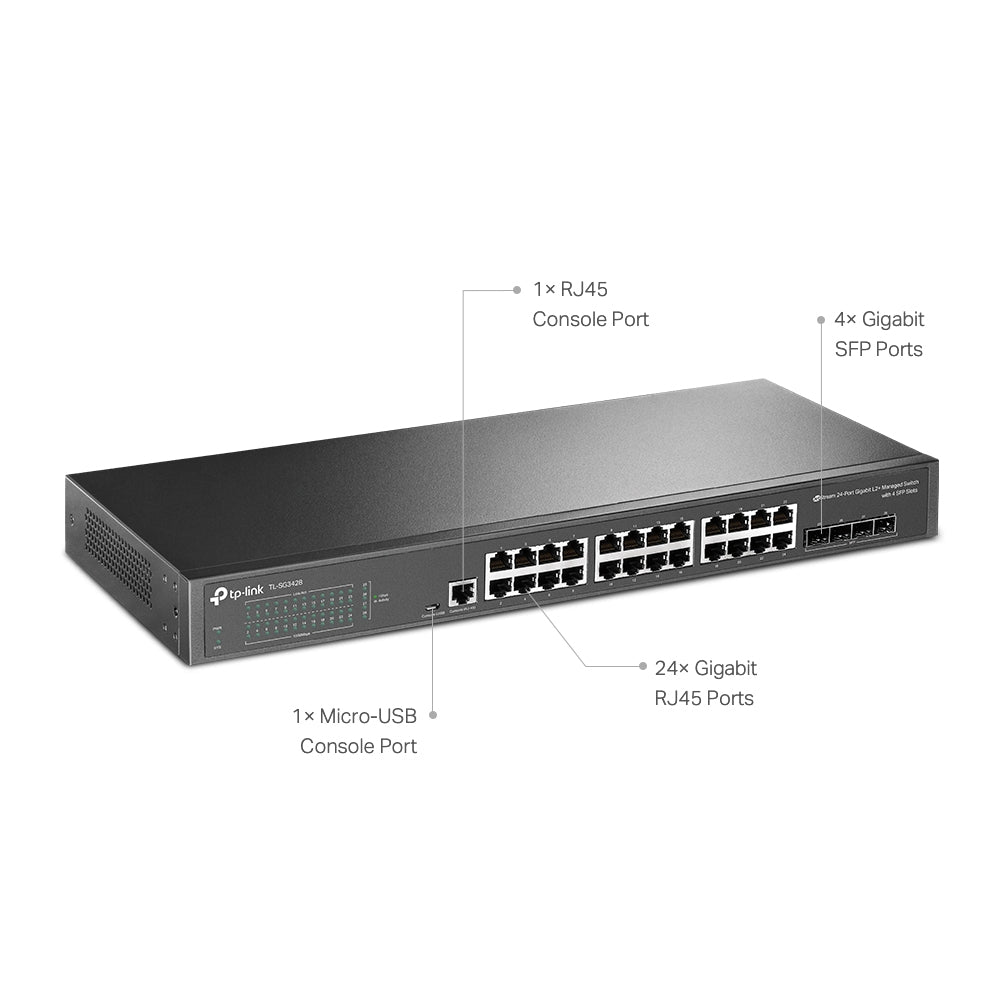 TP-Link TL-SG3428 JetStream 24-Port Gigabit L2+ Managed Switch with 4 SFP Slots | Omada SDN Integration, Advanced Routing, and Enterprise-Grade Security
