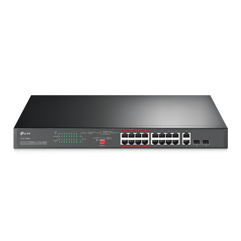TP-Link TL-SL1218MP 16-Port 10/100 Mbps + 2-Port Gigabit Rackmount Switch with 16-Port PoE+ | Surveillance-Optimized PoE+, Long-Range Power, and Secure Traffic Control
