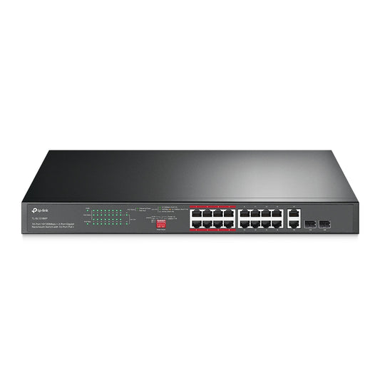 TP-Link TL-SL1218MP 16-Port 10/100 Mbps + 2-Port Gigabit Rackmount Switch with 16-Port PoE+ | Surveillance-Optimized PoE+, Long-Range Power, and Secure Traffic Control