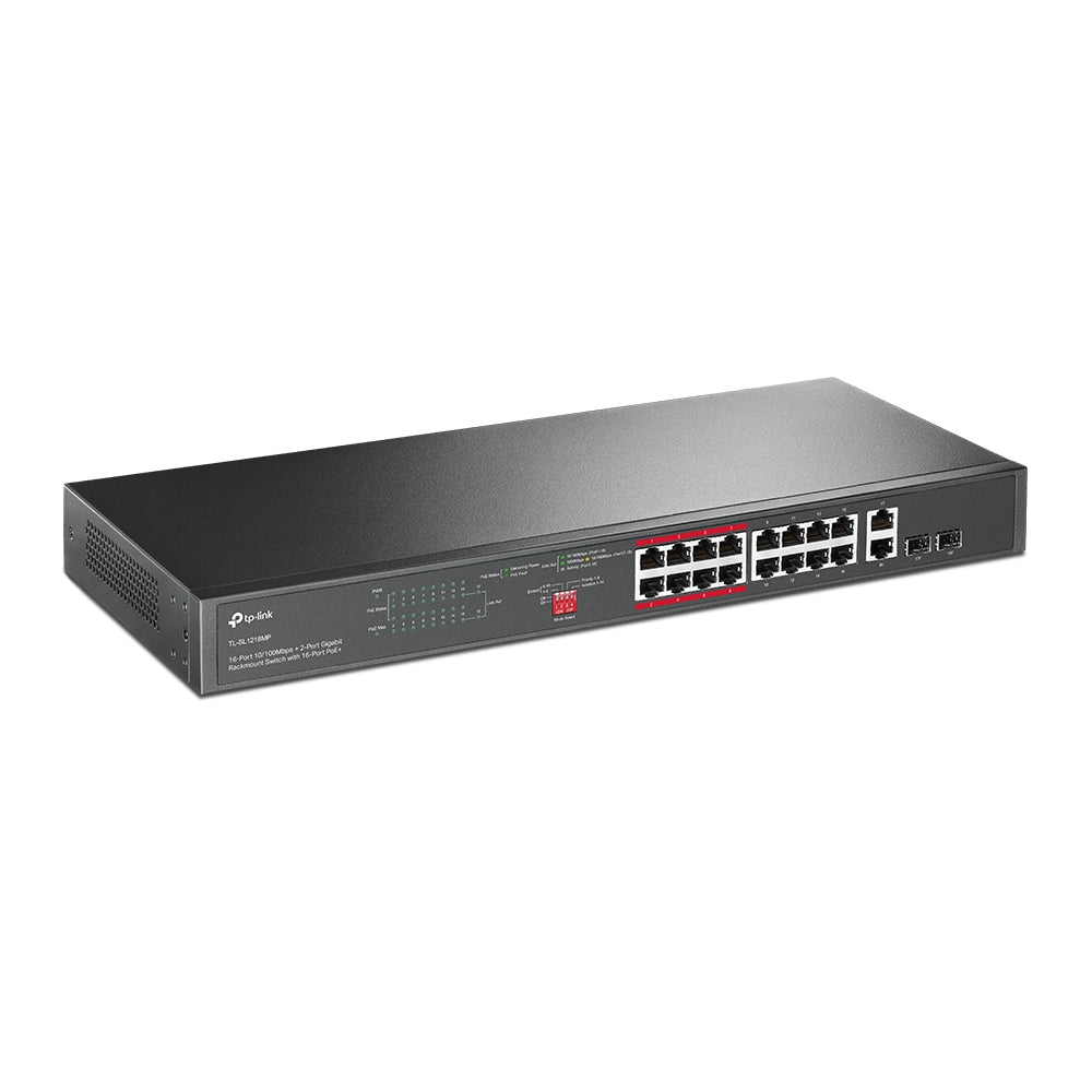 TP-Link TL-SL1218MP 16-Port 10/100 Mbps + 2-Port Gigabit Rackmount Switch with 16-Port PoE+ | Surveillance-Optimized PoE+, Long-Range Power, and Secure Traffic Control