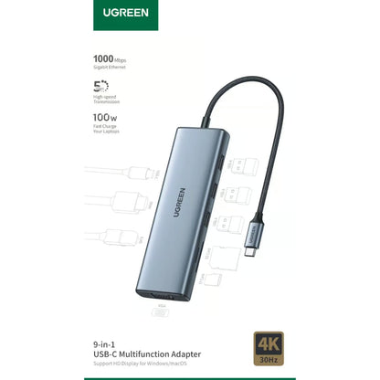 UGREEN 15600 | 9-in-1 USB-C Multifunctional Docking Station | 4K HDMI | 100W PD | Gigabit Ethernet | SD/TF Card Reader | USB 3.0 | Compact Design