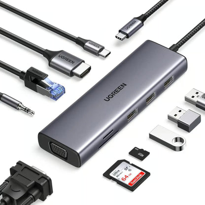 UGREEN 15601 | USB-C 10-in-1 Hub | 4K HDMI &amp; VGA Dual Monitor | 100W PD | Gigabit Ethernet | SD/TF Card Reader | USB 3.0 | Compact Design
