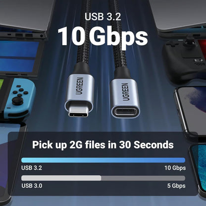 UGREEN 30205 | USB-C Male to USB-C Female Extension Cable | Gen 2 | 10Gbps | 100W PD | 1 Meter | Aluminum Case | Braided | Dark Gray | For MacBook, Tablets, Hubs, Docking Stations