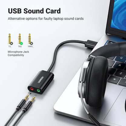 UGREEN 30724 | USB to 3.5mm Sound Card Adapter | Dual TRS 3-Pole Ports | Headphone + Microphone | Plug & Play | For PC, Laptop, PS4, PS5, Mac