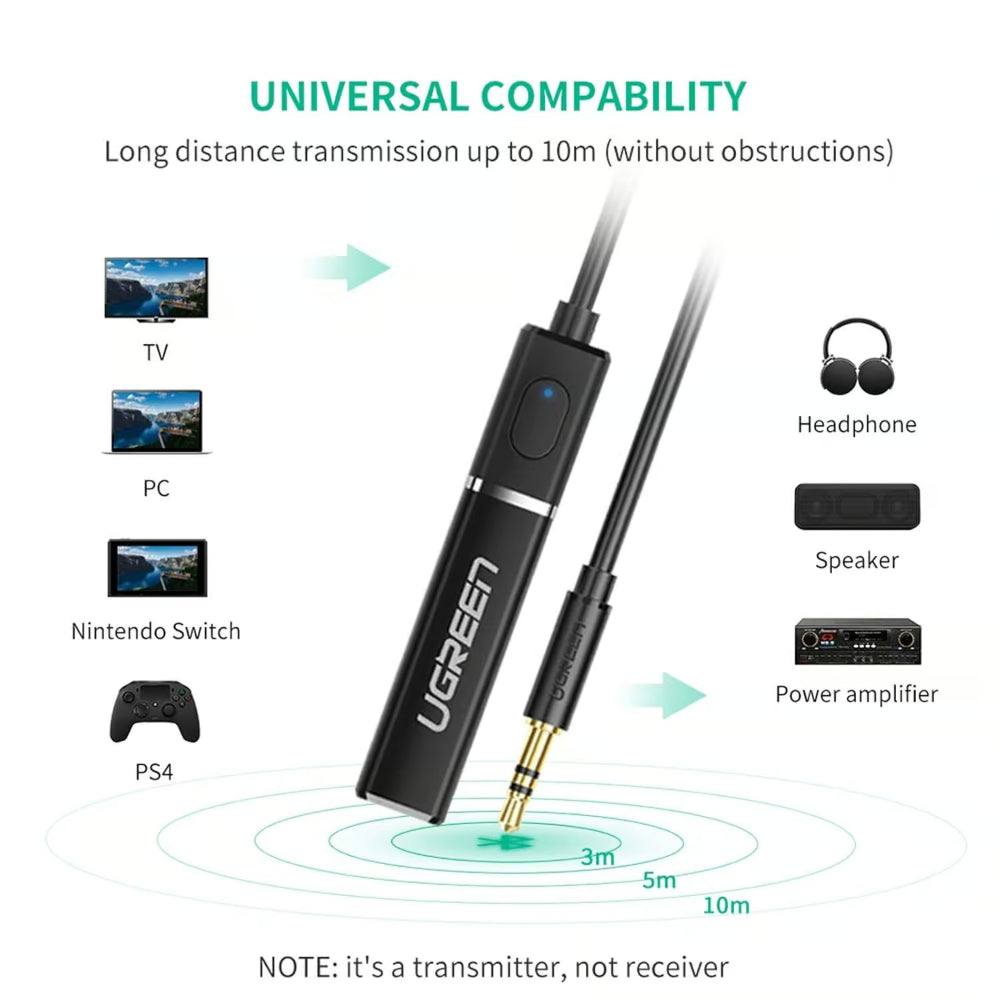UGREEN 40761 | Bluetooth 4.2 Audio Transmitter | Dual Link APTX | 3.5mm AUX Jack | Wireless Music Adapter | For TV, PC, Laptop, Headphones, Speakers
