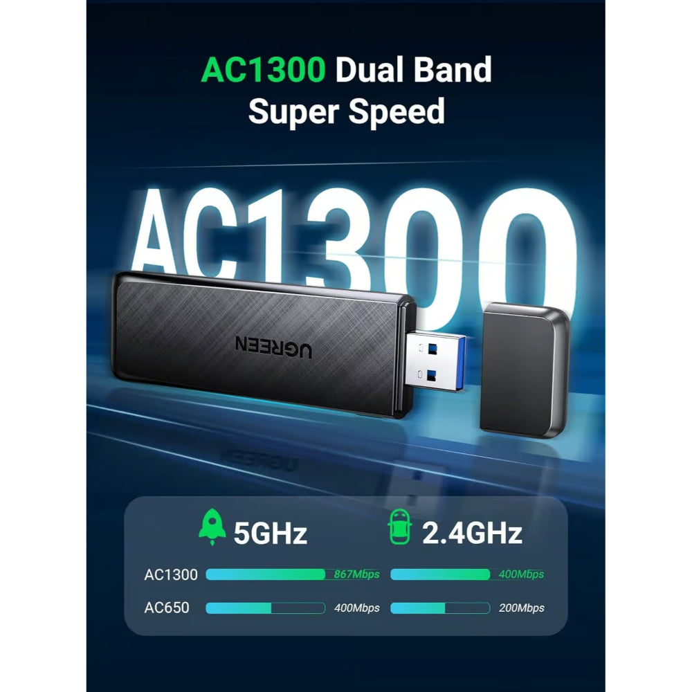 UGREEN 50340 | AC1300 USB WiFi Adapter | Dual Band 5GHz + 2.4GHz | USB 3.0 | 1300Mbps | High-Gain Antenna | Plug & Play | For Desktop PC, Laptop, Windows
