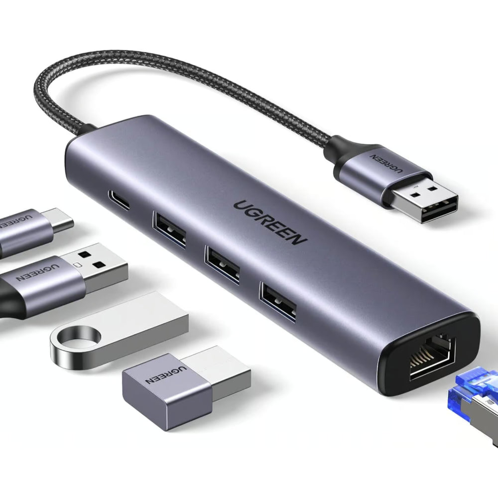 UGREEN 60554 | USB 3.0 to Gigabit Ethernet Adapter | 5-in-1 Multiport Hub | 3 × USB-A 3.0 | 1 × RJ45 LAN | 1 × USB-C Power Delivery | 5Gbps + 1000Mbps | For Laptop, PC, MacBook, Surface