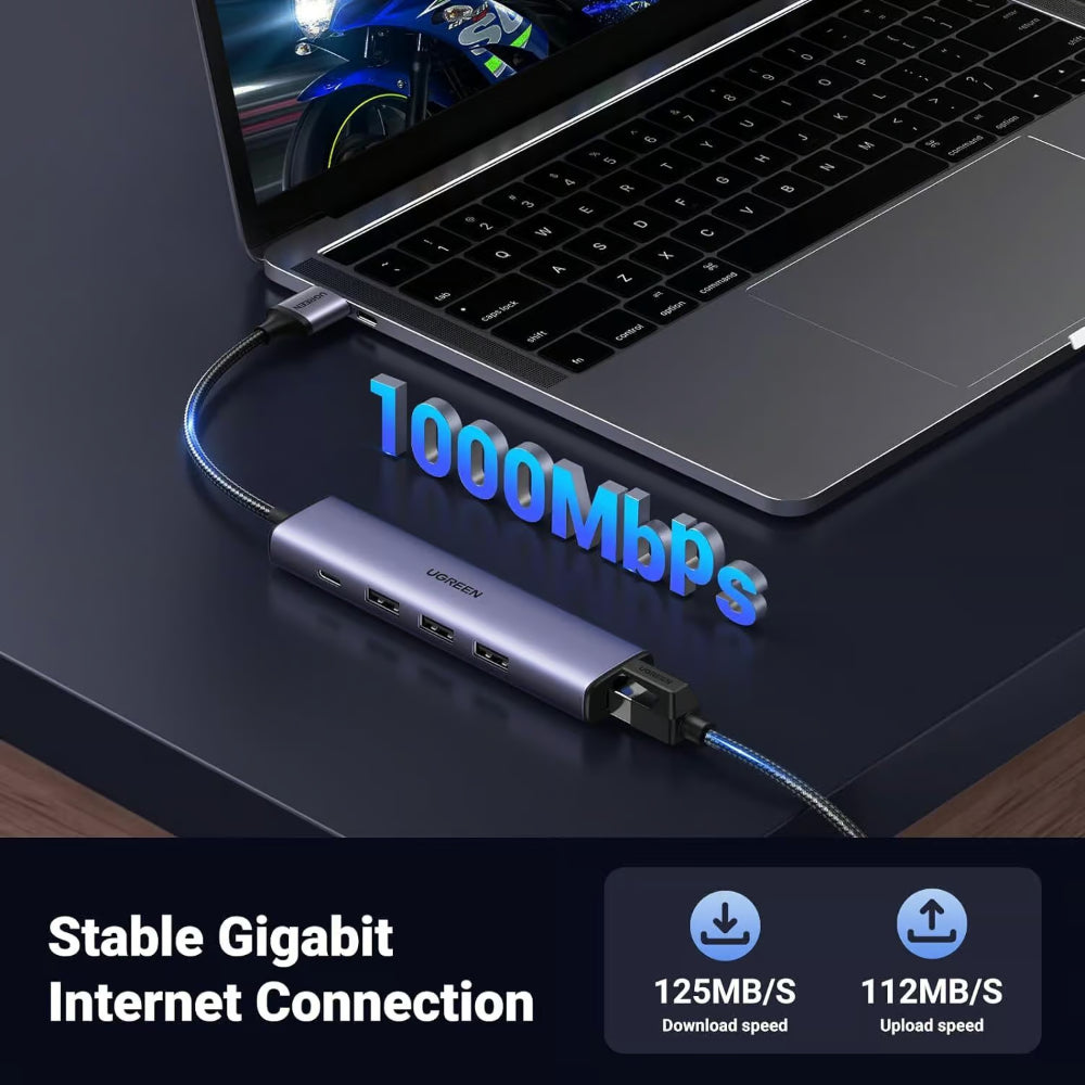 UGREEN 60554 | USB 3.0 to Gigabit Ethernet Adapter | 5-in-1 Multiport Hub | 3 × USB-A 3.0 | 1 × RJ45 LAN | 1 × USB-C Power Delivery | 5Gbps + 1000Mbps | For Laptop, PC, MacBook, Surface