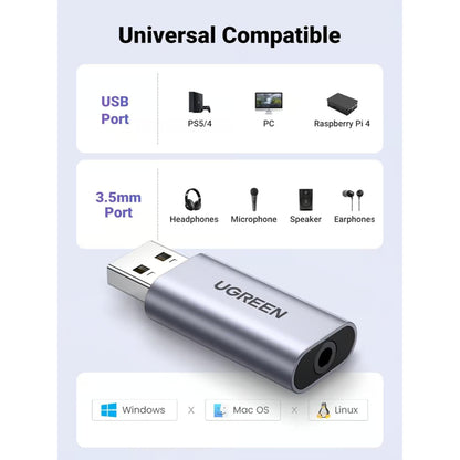 UGREEN 80864 | USB-A to 3.5mm Audio Adapter | External Sound Card | TRRS 4-Pole Combo Jack | Plug & Play | For Headset, Speaker, Microphone | For PC, Laptop, PS4, PS5, Mac