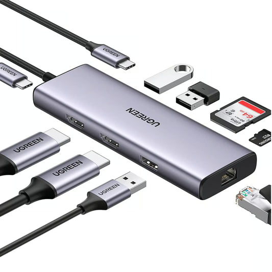 UGREEN 90119 | 9-in-1 USB-C Docking Station | Dual HDMI 4K@60Hz | USB 3.0 × 3 | SD/TF Card Reader | Gigabit Ethernet | 100W PD Charging | For MacBook, Laptop, Tablet, PC