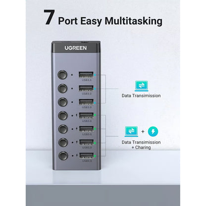 UGREEN 90307 | 7-Port USB 3.0 Hub | Smart Charging | Aluminum Alloy | External 12V/2A Power Adapter | 5Gbps High-Speed Data | For Laptop, PC, Mac, Keyboard, Mouse, Flash Drive