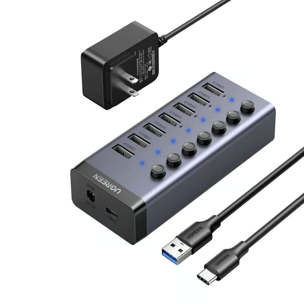 UGREEN 90307 | 7-Port USB 3.0 Hub | Smart Charging | Aluminum Alloy | External 12V/2A Power Adapter | 5Gbps High-Speed Data | For Laptop, PC, Mac, Keyboard, Mouse, Flash Drive