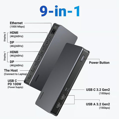 UGREEN 90912 | Revodok Pro 209 USB-C Docking Station | 9-in-1 | Triple Display | Dual 4K@60Hz HDMI | 100W PD | USB 3.0 | Gigabit LAN | SD/TF