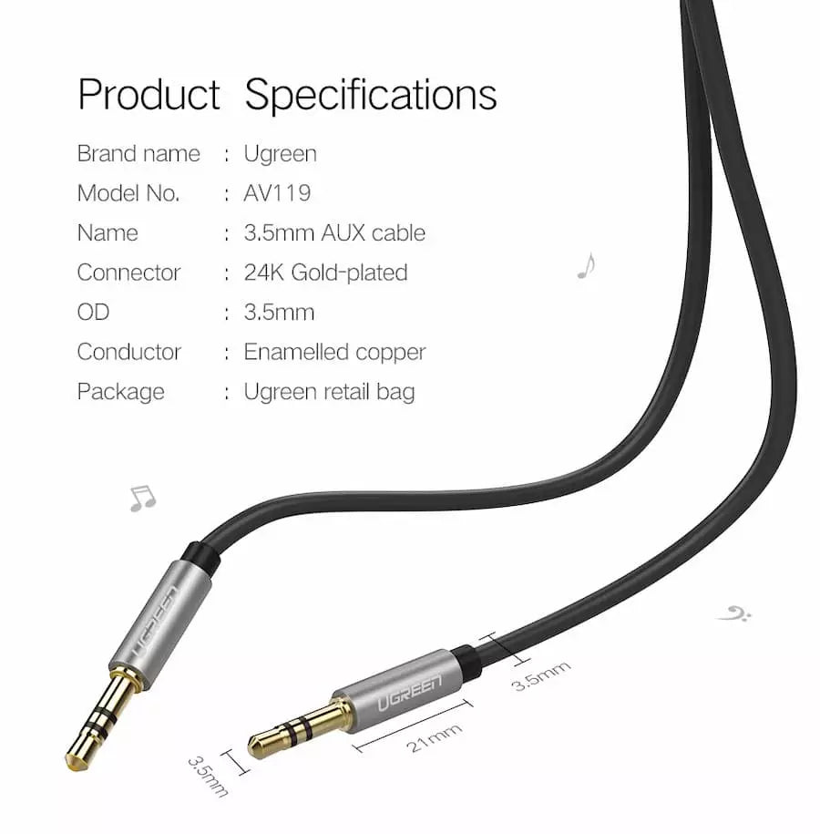 UGREEN AV119 | 3.5mm Male to Male Round Audio Cable | 2M 10735 | (AUX CABLE)