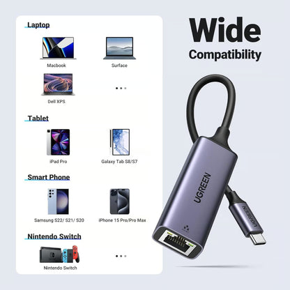 UGREEN 50737 | USB-C to Gigabit Ethernet Adapter | RJ45 LAN | USB 3.0 Type-C | Thunderbolt 3 Compatible | 1000Mbps | Plug & Play | For MacBook, Laptops, Tablets