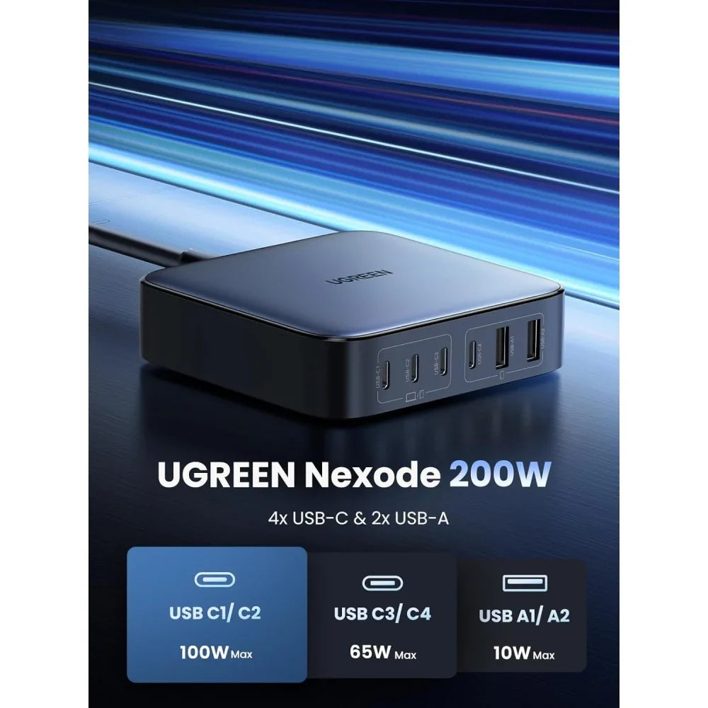 UGREEN 40905 | 200W GaN Charger | 4 × USB-C + 2 × USB-A | PD3.1 EPR | Multi-Device Fast Charging | Compact Design | For Laptops, Tablets, Phones, Accessories