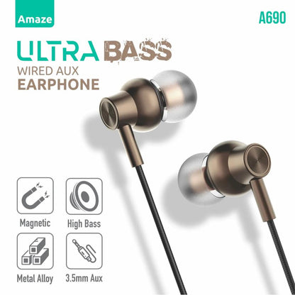 Amaze A690 | Ultra Bass Wired Aux Handsfree with Mic, 3.5mm Jack | Tangle-Free Cable
