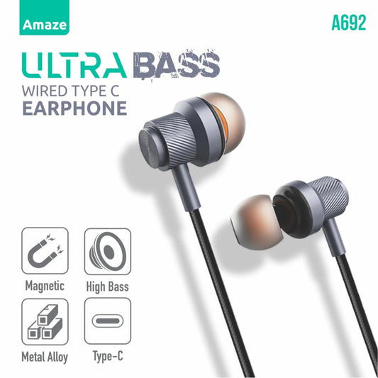 Amaze A692 | Ultra Bass Wired Type-C Handsfree with Magnetic Buds | Mic, In-Line Controls & Tangle-Free Cable