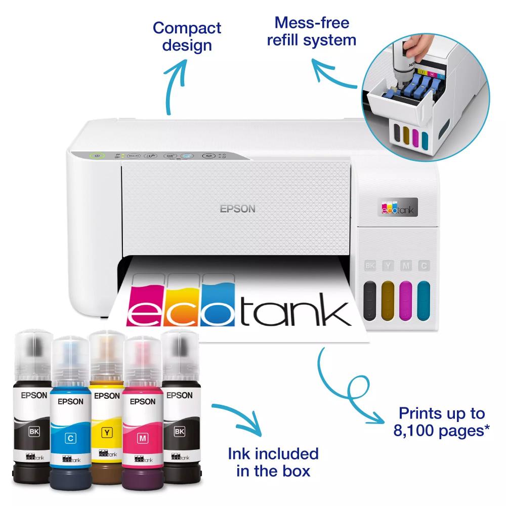 Epson EcoTank L3276 | Print, Scan, Copy, Wi-Fi, 8100 Page Yield | White Ink Tank Printer