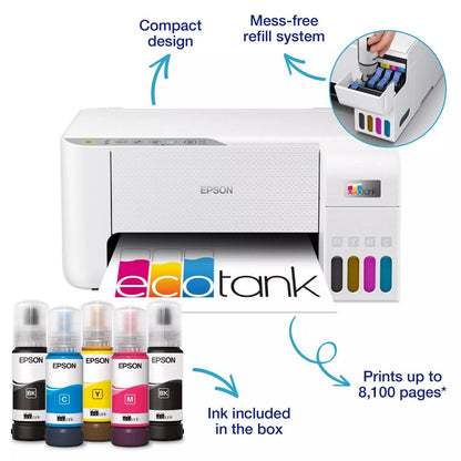 Epson EcoTank L3276 | Print, Scan, Copy, Wi-Fi, 8100 Page Yield | White Ink Tank Printer