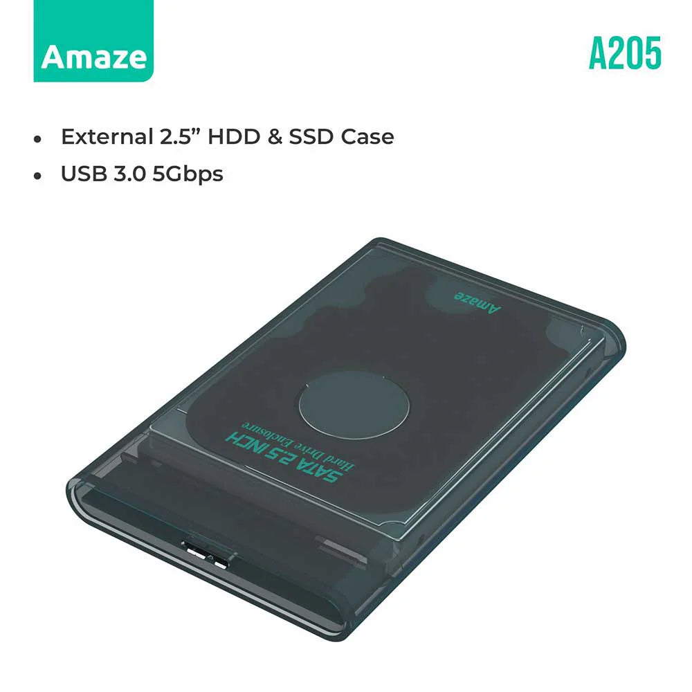 AMAZE A205 | USB 3.0 External HDD Case Enclosure 2.5” | Transparent Crystal Design, Tool-Free Setup, High-Speed Transmission | Model A205