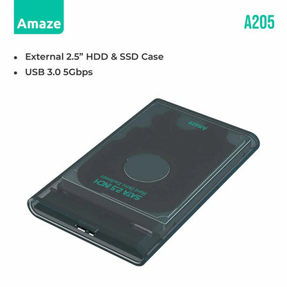 AMAZE A205 | USB 3.0 External HDD Case Enclosure 2.5” | Transparent Crystal Design, Tool-Free Setup, High-Speed Transmission | Model A205