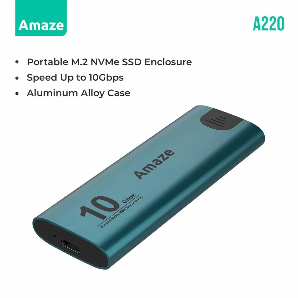 Amaze A220 | Portable M.2 NVMe SSD Enclosure 10Gbps | Aluminum Alloy, Tool-Free Design, USB-C Cable Included