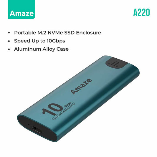 Amaze A220 | Portable M.2 NVMe SSD Enclosure 10Gbps | Aluminum Alloy, Tool-Free Design, USB-C Cable Included