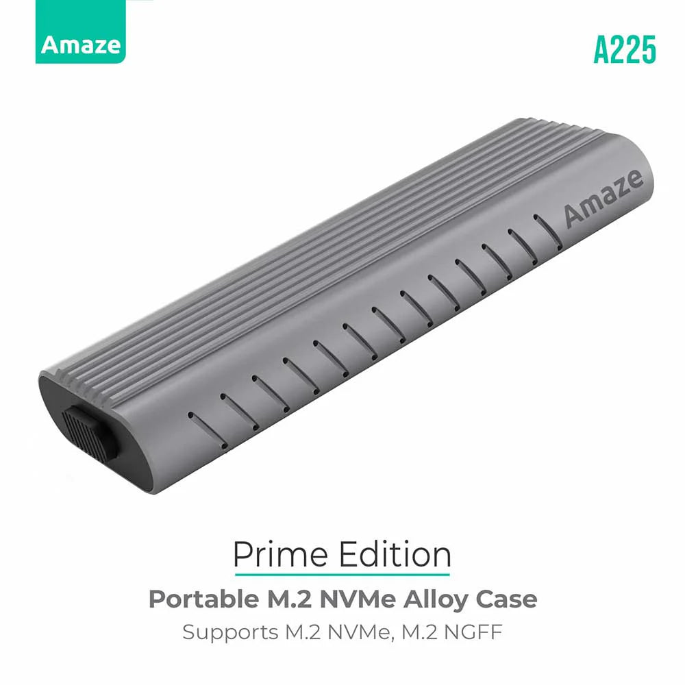 Amaze A225 | Prime Edition M.2 + NVMe SSD Enclosure 10Gbps | Dual NGFF & NVMe Support, Aluminum Alloy, Tool-Free Design