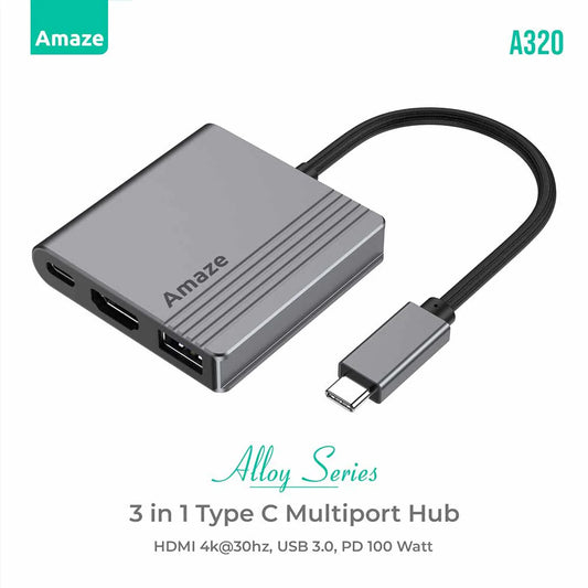 Amaze A320 | Aluminum Alloy 3-in-1 Multiport Hub | Type-C to HDMI 4K, USB 3.0