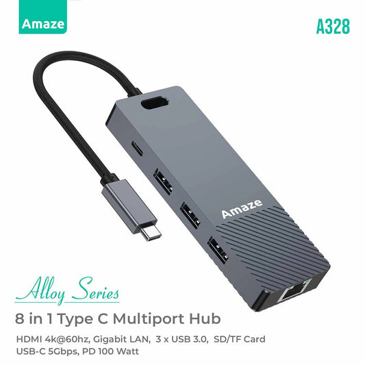 Amaze A328 | Alloy Series 8-in-1 Multiport Hub | HDMI 4K@60Hz, Gigabit LAN, 3x USB 3.0, PD 100W, SD/TF Card Reader