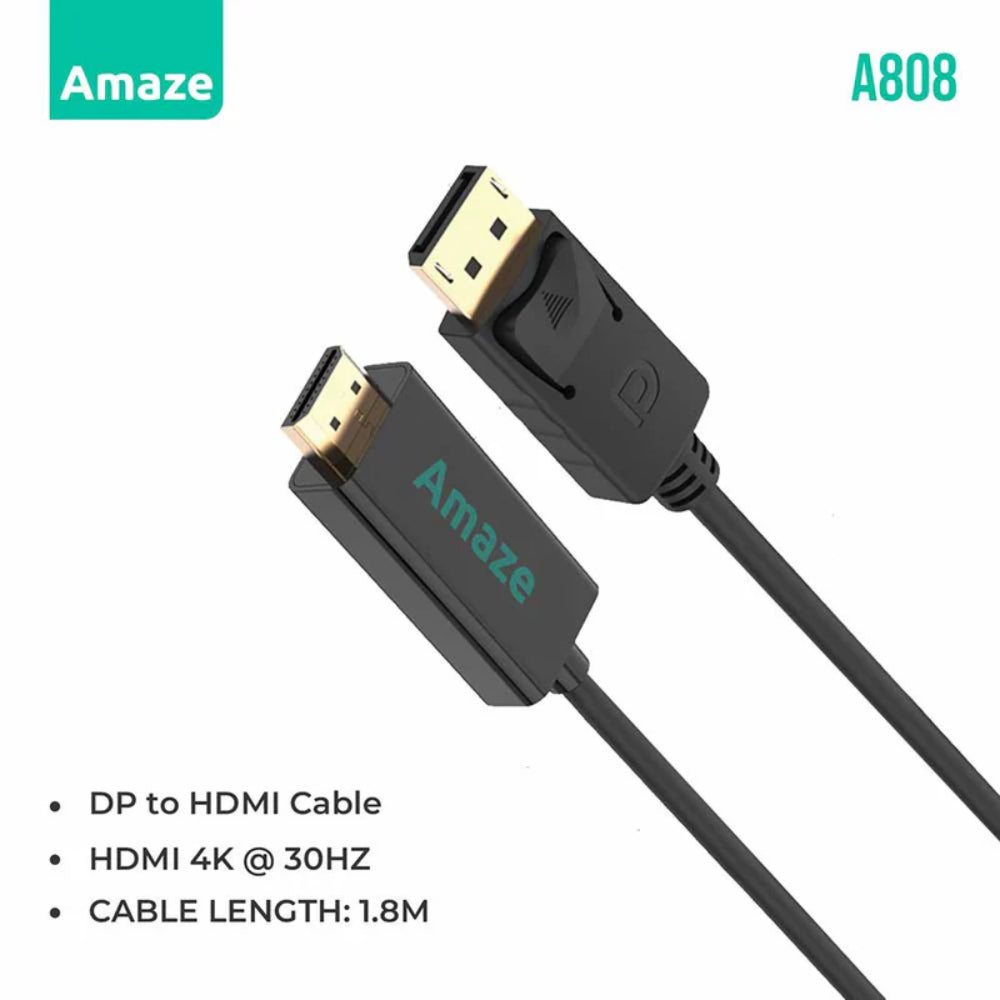 Amaze A808 | DisplayPort to HDMI Adapter Cable | 4K Ultra HD | Plug & Play | Gold-Plated Connectors | 1.8 Meter