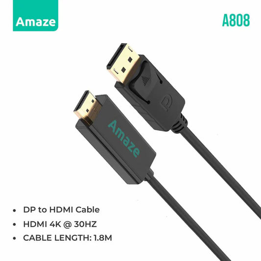 Amaze A808 | DisplayPort to HDMI Adapter Cable | 4K Ultra HD | Plug & Play | Gold-Plated Connectors | 1.8 Meter