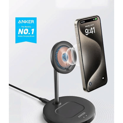 Anker A2543 | 2-in-1 Magnetic Wireless Charging Stand | 15W MagSafe-Compatible | Qi Base Pad for Earbuds | Adjustable Viewing Angle | USB-C Input | For iPhone 15/14 Series + Wireless Earbuds